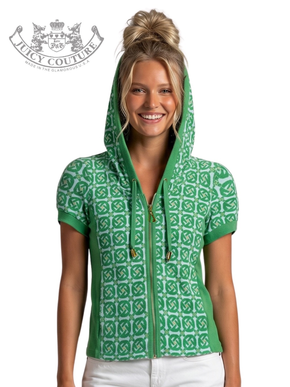 JUICY COUTURE Green Terry Cloth Zip Logo Hoodie